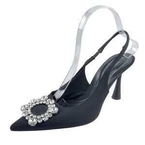 Zara Black Embellished Rhinestone Pointed Slingback Pumps Kitten Heels Size 9